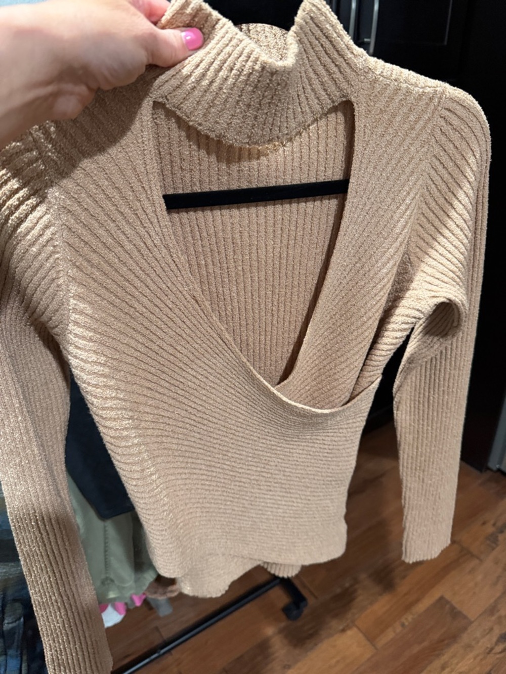 Beige Ribbed Cutout Turtleneck Sweater - Women
